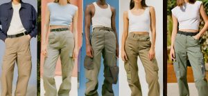 A collage showcasing the evolution of cargo pants throughout the 90s.
