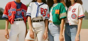 Provide visuals of modern outfits showcasing stylish ways to wear 90s baseball jerseys