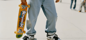 Street Skater Vibes Baggy Jeans and Skateboard Accessories