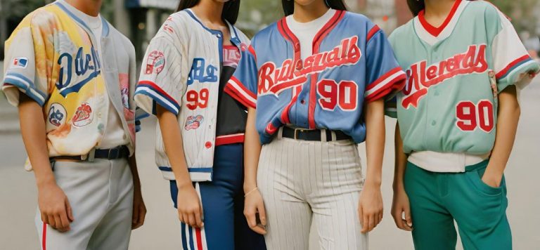 Visualize the cultural fusion with images of individuals sporting 90s baseball jerseys in urban settings