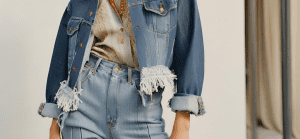 an image showcasing a stylish outfit that incorporates mixing textures and playing with denim colors.